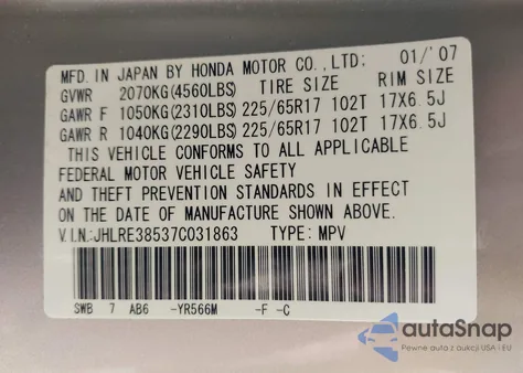 2007 Honda Cr-V Ex from USA, damaged, VIN JHLRE38537C031863
